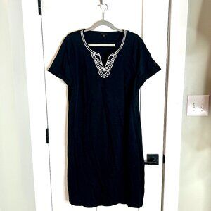 Talbots Embroidered Neck 100% Cotton Shift Shirt Dress Minimalist Black Size XL